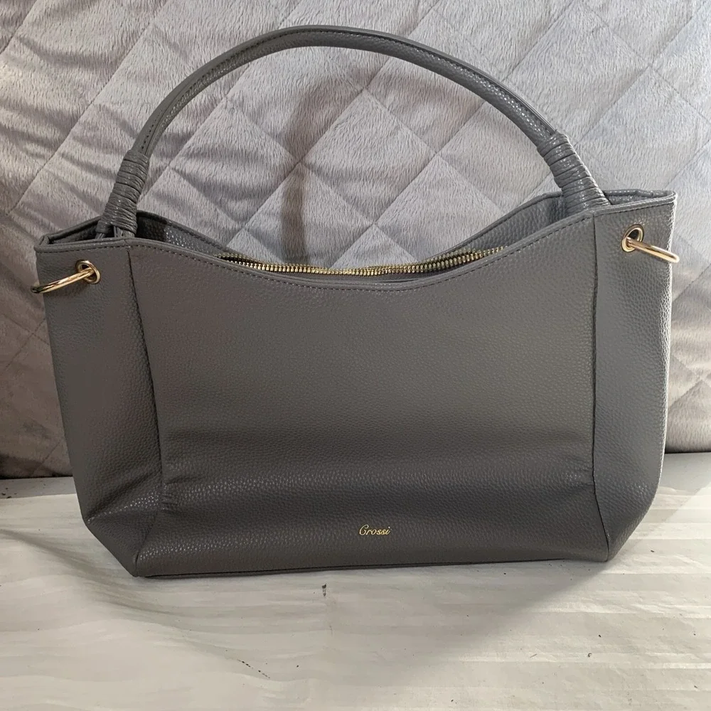 Grossi Jenna Purse Triple Compartment‎ Bowtie Satchel Hand Bag Warm Grey